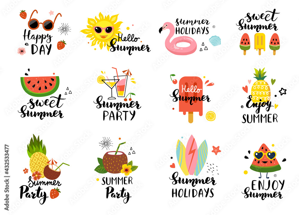 Summer card set with holiday elements and calligraphy quotes- sun, watermelon, ice cream, and other