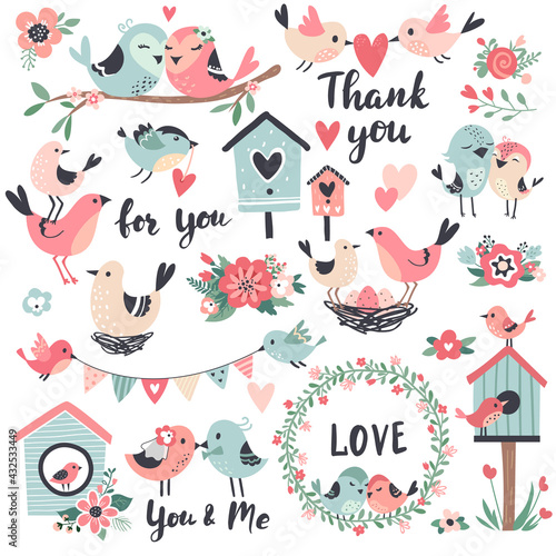Lovebird set, family birds collection for wedding invitation card, romantic sticker kit
