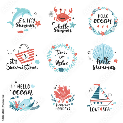 Summer holidays badge set with beach elements and calligraphy quotes – seashell, marine wreath, seaweed, dolphin