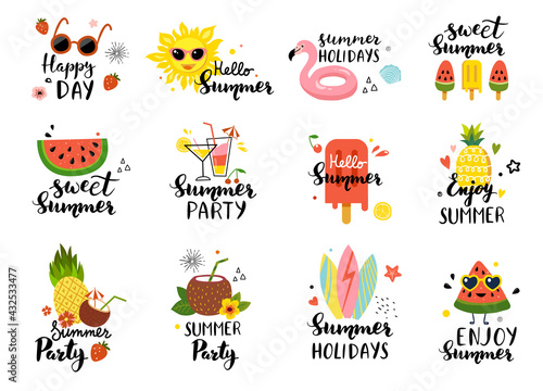 Summer card set with holiday elements and calligraphy quotes- sun, watermelon, ice cream, and other