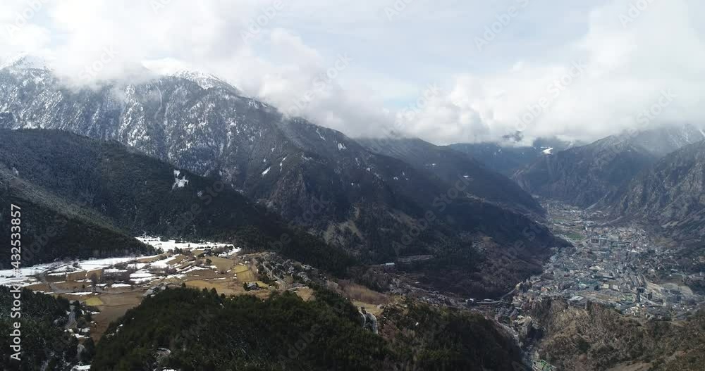 Aerial. Andorra La Vella - capital of Andorra. Located in the Pyrenees mountains between France and Spain. Drone video. 