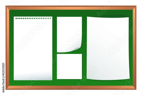 Wooden pinboard, Items pinned to a cork message board with wooden frame, white stick note. white papers on green pinboard for text and background. green notice board vector. 