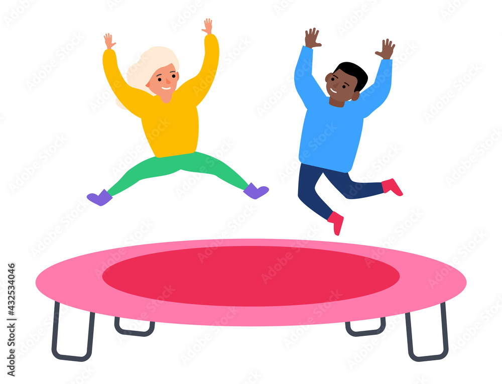 happy children boy and girl jumping on trampoline vector illustration ...