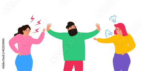 man mediator between two angry quarreling  women stop conflict  find compromise vector illustration