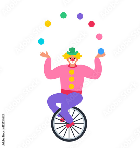 funny clown circus artist on unicycle juggling with balls vector illustration