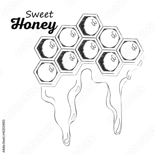 Honeycombs with honey in the style of hand painting, silhouette of honeycombs with honey, a spoon for honey,honeycomb of beeswax with sweet honey, summer apiary