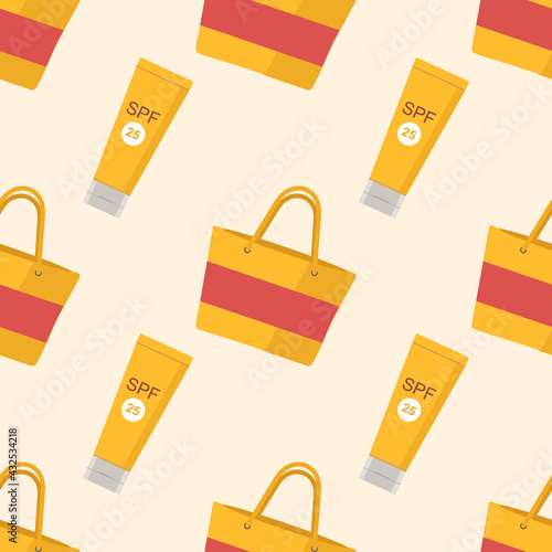 Pattern and beach bag and sunscreen for web design or textile