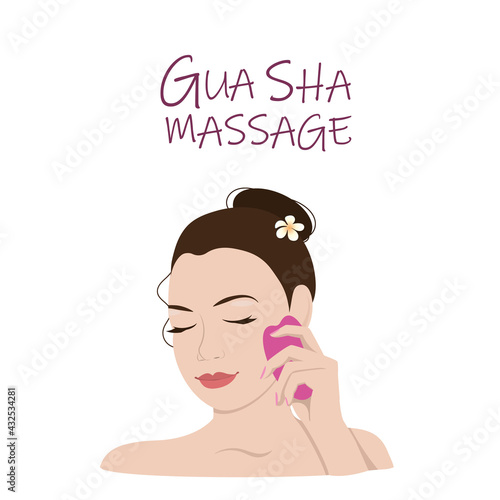 The face of a girl with tools in her hands for a gouache massage. The girl holds a scraper and runs it over her face in the right areas. A design element for websites and print layouts. EPS10.