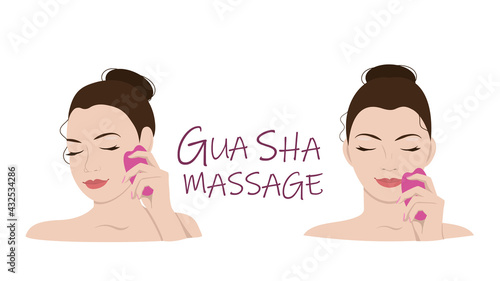 The girl's face is in two versions with tools in the hand for Gouache massage. The girl holds a scraper and runs it over her face in the right areas. A design element.. EPS10.