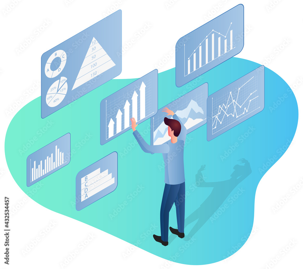 Business analytics.Exchange work and financial control.Businessman on the background of infographics.3d image.Isometric vector illustration. Business analytics.Exchange work and financial control.Businessman on the background of infographics.3d image.Isometric vector illustration.