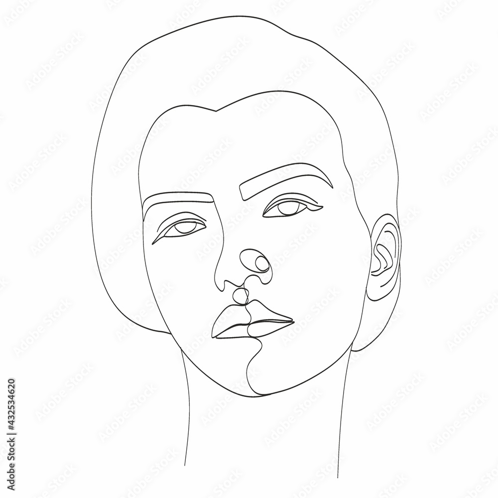 Line Drawing. Abstract face by one line drawing. Modern continuous line art. Women line art. Beauty salon logo. Coloring book.