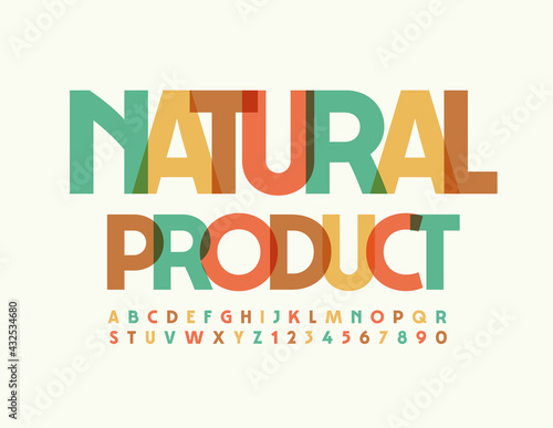 Vector creative Sign Natural Product. Modern Bright Font. Colorful Alphabet Letters and Numbers set