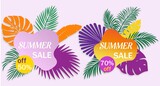 Illustration card banner set of summer sticker's template for summer sale with colorful palm leaf 40% off  70% off 60% off 50% off limited time best offer