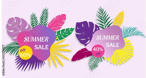 Illustration card banner set of summer sticker's template for summer sale with colorful palm leaves 40% off 70% off 60% off 50% off limited time best offer