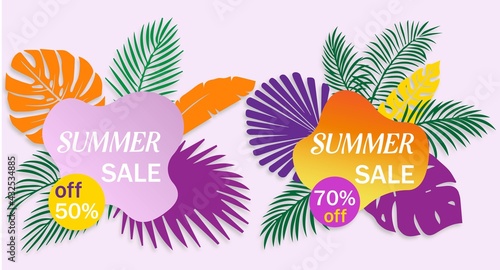 Illustration card banner set of summer sticker's template for summer sale with colorful palm leaf 40% off  70% off 60% off 50% off limited time best offer