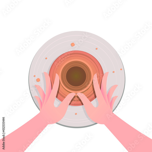 Hands sculpt a jug from clay, top view. Pottery. Concept: hobby, clay products, ceramics. Vector illustration, flat cartoon color design, isolated on white background, eps 10.