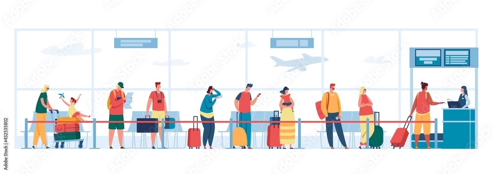 Airport check in desk queue. People with luggage waiting in line at registration desk, passport control, departure terminal Vector illustration. Male and female characters with kids