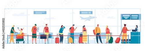Airport check in desk queue. People with luggage waiting in line at registration desk, passport control, departure terminal Vector illustration. Male and female characters with kids