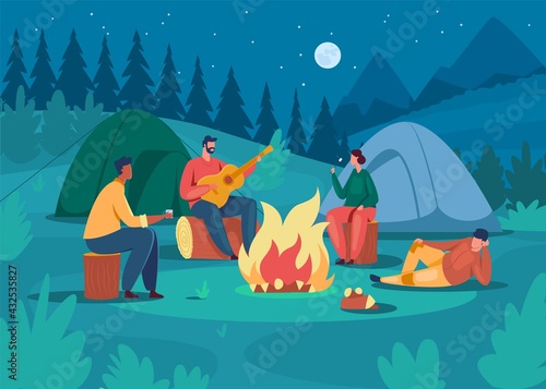 People camping at night. Friends sitting near campfire, playing guitar, roasting marshmallow. Tourism vacation holiday adventure vector illustration. Man and woman having outdoor rest