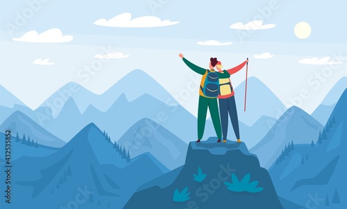Mountain hiking. Tourists standing on top of hill. Hiking and climbing activity, outdoor recreation. Landscape with mountains vector illustration. Happy couple feeling freedom, exploration