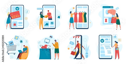 Online shopping. Customer purchasing with smartphone, online store checkout. Mobile app payment, e-commerce, digital marketing concept vector set. Woman paying with credit card, receiving parcel