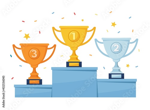Gold, silver, bronze trophy cup. Prize podium with winner or champion awards. Sport competition trophy cups on pedestal vector illustration. Victory celebration with places and confetti