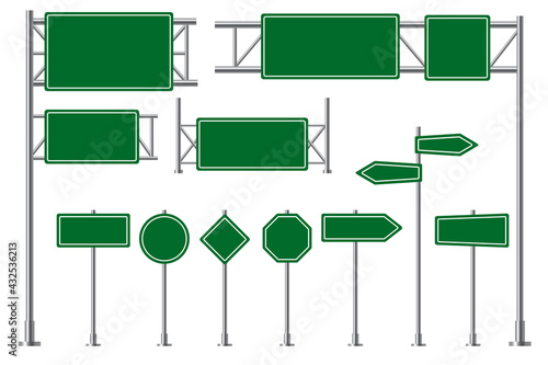 Road sign. Green highway traffic boards, route direction signboards. Blank billboard and arrow information signage vector 3d isolated set. Indication for transportation, city guide