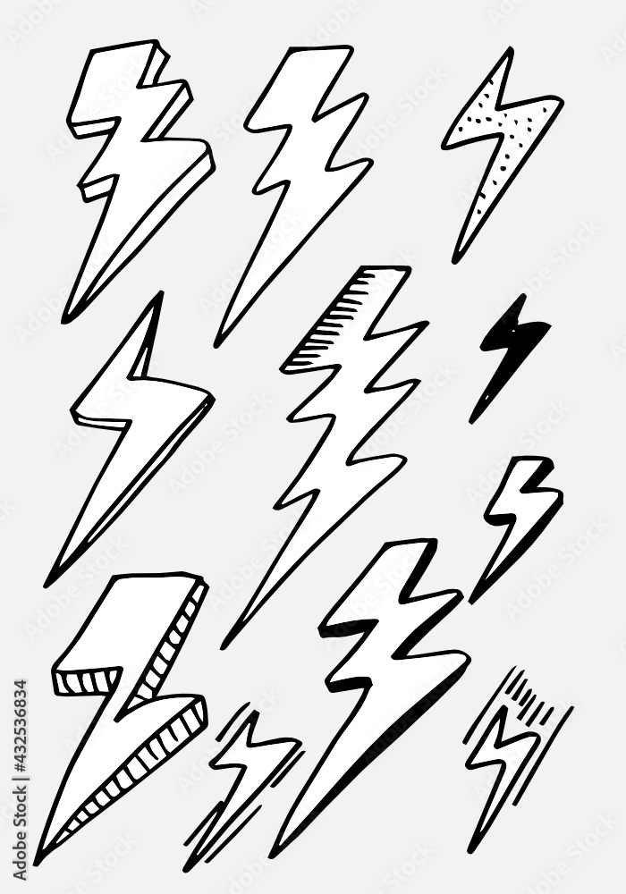 set of hand drawn vector doodle electric lightning bolt symbol sketch illustrations. thunder symbol doodle icon . set of hand drawn vector doodle electric lightning bolt symbol sketch illustrations. thunder symbol doodle icon .