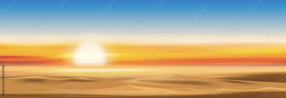Sunset with dusk sky in gloden yellow, orange and blue sky in evening,Tropical sea sunrise with colourful natural twilight sky for four season background on Spring,Summer,Autumn, Winter