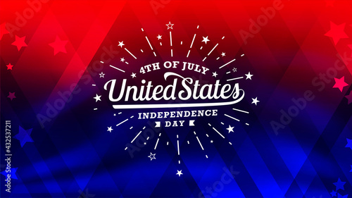 Happy 4th of July, united states of America independence day with firework starburst on trendy red and blue American flag color background with stars.
