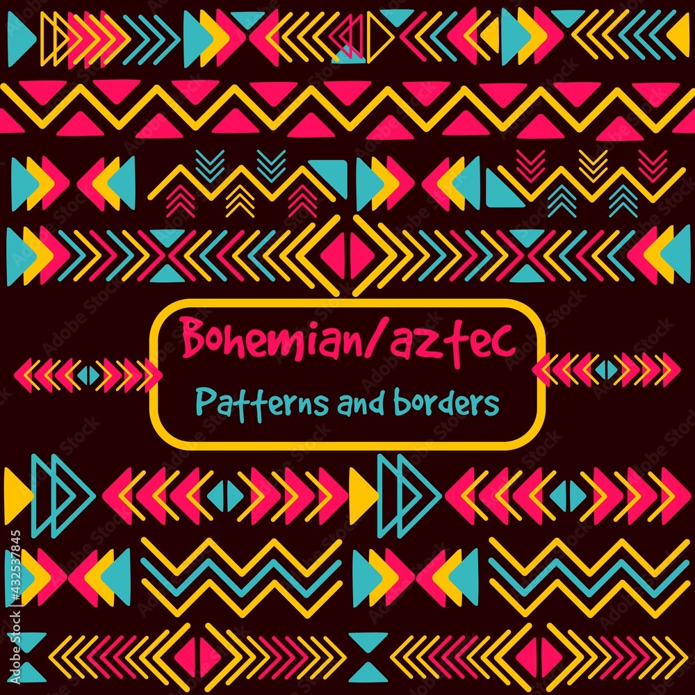 Geometric pack collection with aztec and bohemian motifs. Repetitive background inspired by friendship bracelets. Abstract boho borders with triangles and zigzag lines.