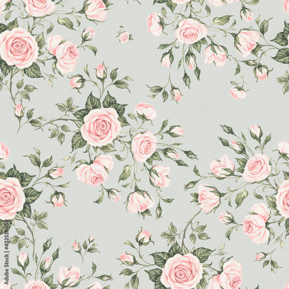  Seamless floral pattern drawn by paints on paper blooming branches of roses