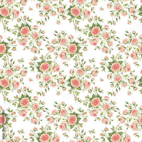  Seamless floral pattern drawn by paints on paper blooming branches of roses