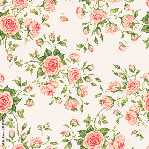  Seamless floral pattern drawn by paints on paper blooming branches of roses