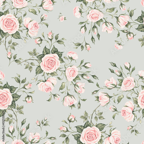  Seamless floral pattern drawn by paints on paper blooming branches of roses © Irina Chekmareva