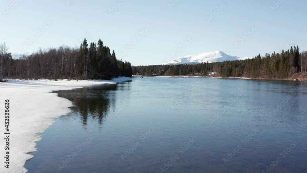 River in spring nature mountain landscape. Fast running water stream and ice melting by green forest under blue sunny skies afternoon light. Low angle aerial drone shot over frozen landscape River in spring nature mountain landscape. Fast running water stream and ice melting by green forest under blue sunny skies afternoon light. Low angle aerial drone shot over frozen landscape