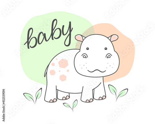 White little hippo, baby lettering and leaves isolated on a white background. Cute hippopotamus, behemoth. Vector illustration, design template for poster, greeting card, banner, kids t-shirt, apparel