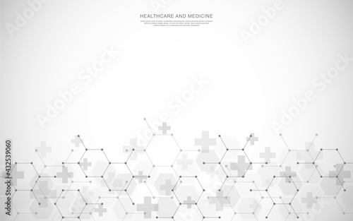 Healthcare medical background with hexagons pattern and crosses. Vector illustration for health care and medicine design, pharmaceutical manufacturing, and industry.