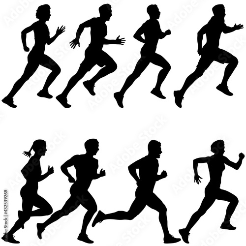 Set of silhouettes. Runners on sprint men and women on white background