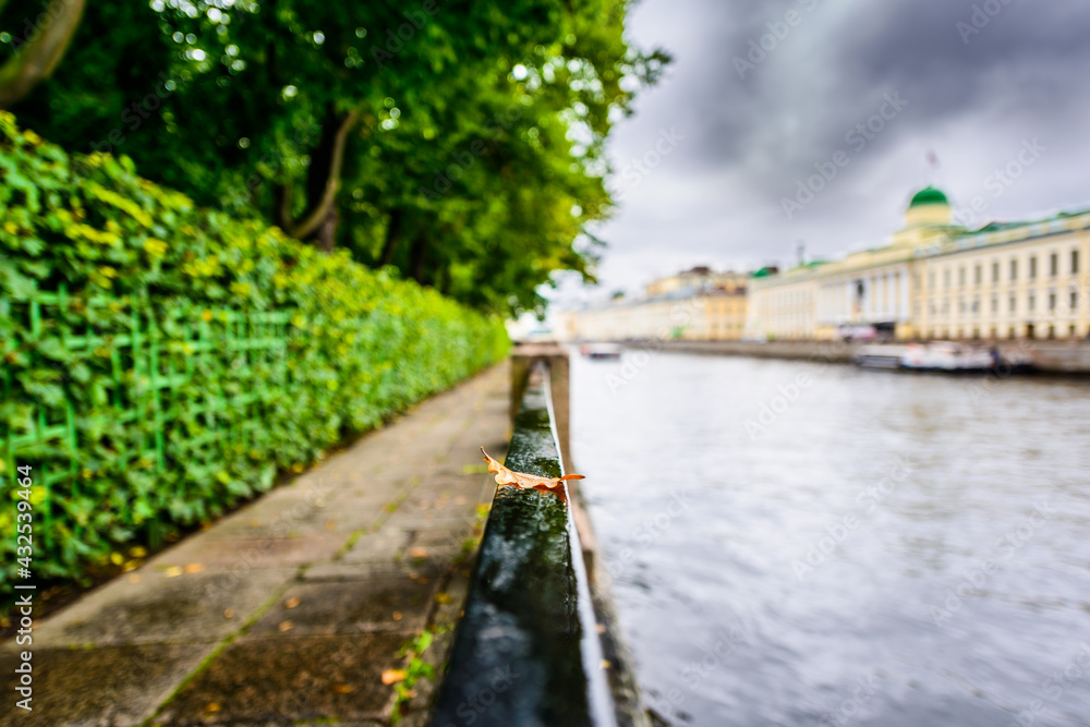 Fototapeta premium Rainy autumn day in the city, alley in the park near the river. Close up view from the handrail on which lies the oak leaf on the embankment level