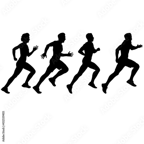 Set of silhouettes. Runners on sprint men and women on white background