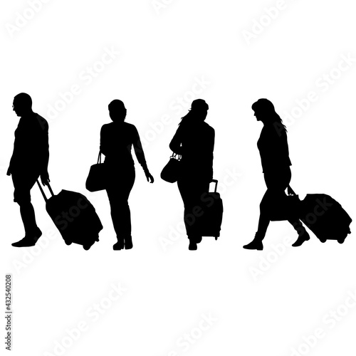 Black silhouettes travelers with suitcases on white background.