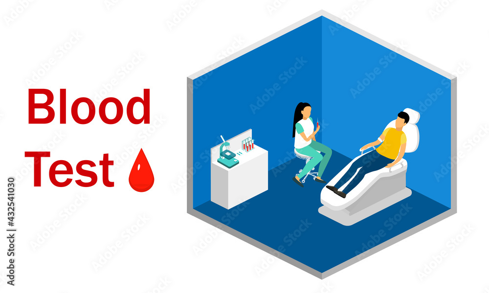 Blood donation. A man sits in a chair, the doctor takes blood for tests. Isometric projection. Blood donation. A man sits in a chair, the doctor takes blood for tests. Isometric projection.