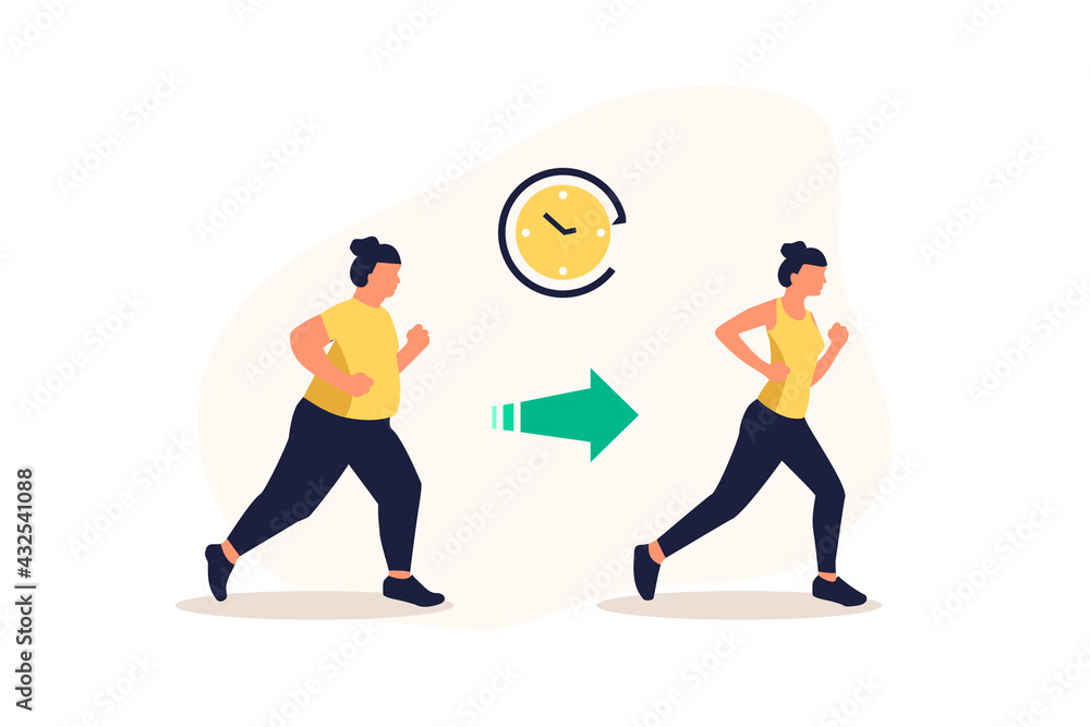 Vector flat illustration. Women are getting thin. A plump and slender woman before and after fitness. Vector flat illustration. Women are getting thin. A plump and slender woman before and after fitness.