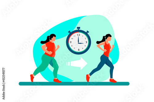 Weight loss. The effect of diet on a person's weight. A plump and slender woman before and after fitness. Color flat illustration.