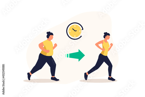 Vector flat illustration. Women are getting thin. A plump and slender woman before and after fitness.