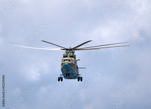 MOSCOW, RUSSIA - MAY 7, 2021: Avia parade in Moscow. Mi-26 helicopters fly in the sky on parade of Victory in World War II in Moscow, Russia