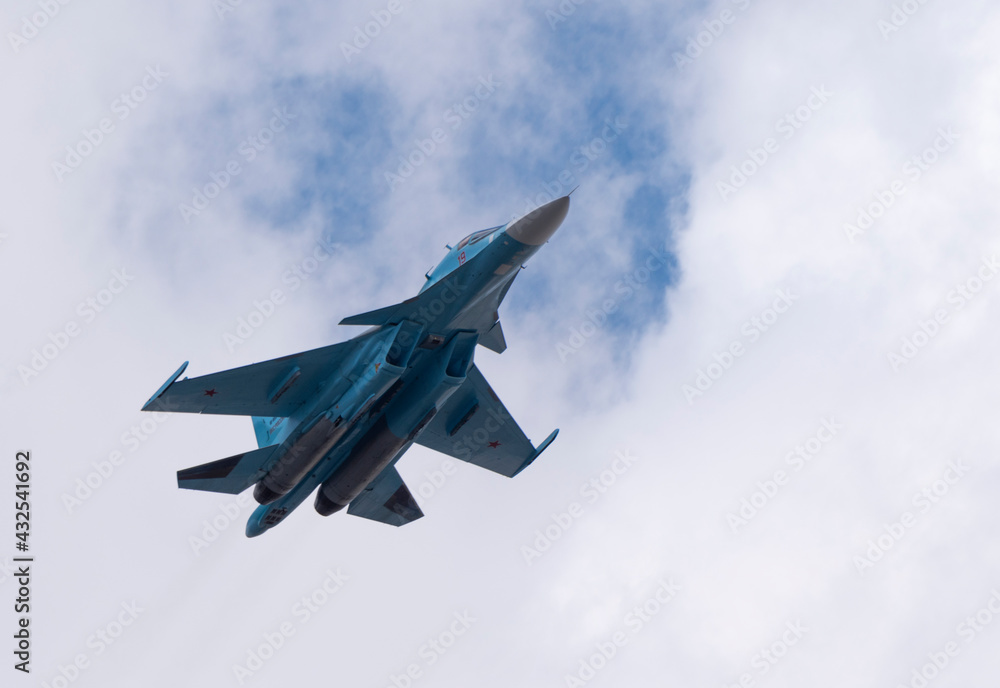 MOSCOW, RUSSIA - MAY 7, 2021: Avia parade in Moscow. jet fighter aircraft Su-30 in the sky on parade of Victory in World War II in Moscow, Russia MOSCOW, RUSSIA - MAY 7, 2021: Avia parade in Moscow. jet fighter aircraft Su-30 in the sky on parade of Victory in World War II in Moscow, Russia