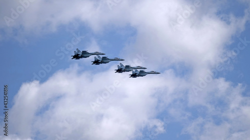 MOSCOW, RUSSIA - MAY 7, 2021: Avia parade in Moscow. jet fighter aircraft Su-35 in the sky on parade of Victory in World War II in Moscow, Russia