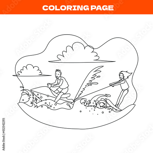 Coloring page of couple jet skiing together for fun, in sea or ocean with summer wave. Fit for promoting about surfing vibes or luxury holiday activity.